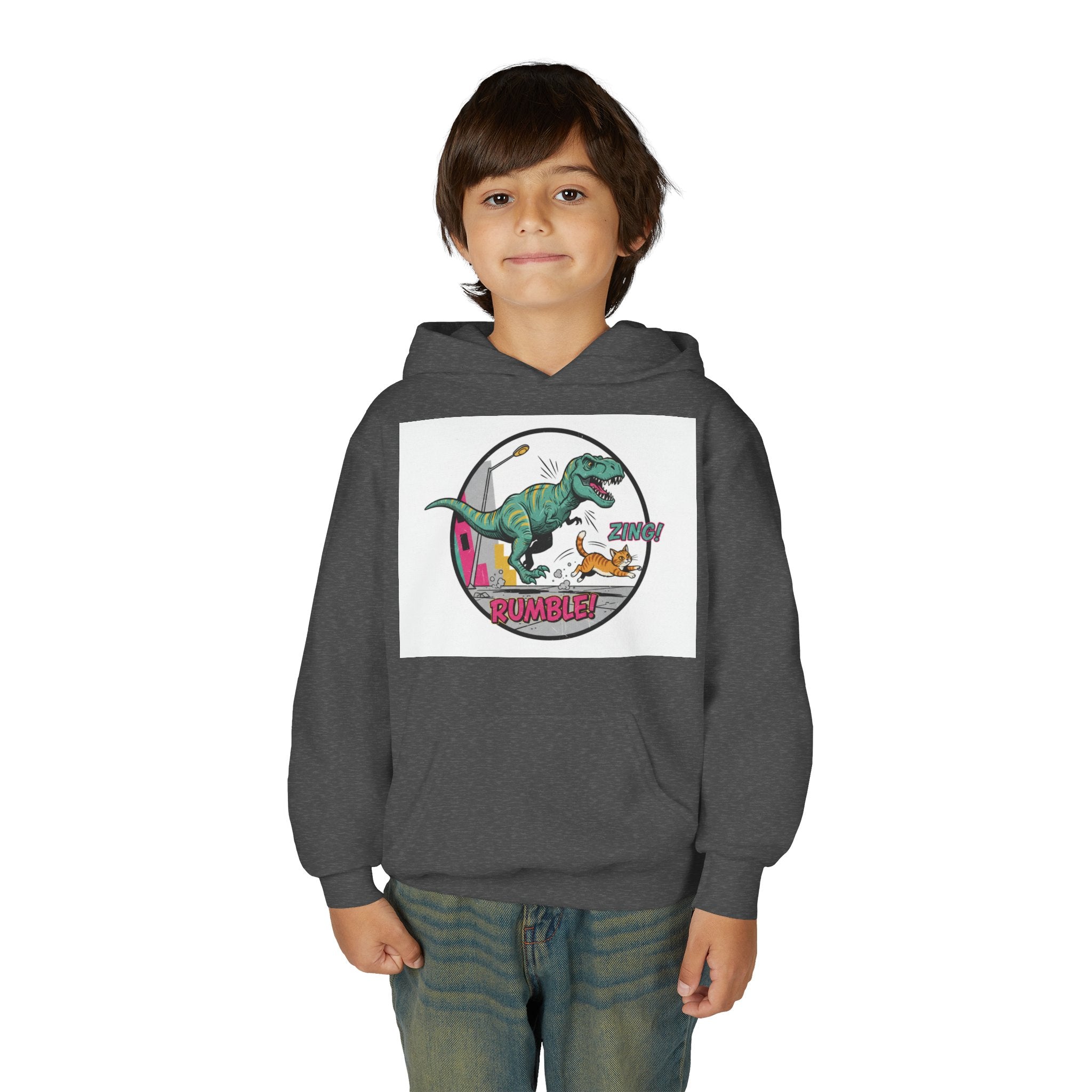 T-Rex Chase Dino Rumble Youth Hoodie | Dinosaur Graphic Sweatshirt