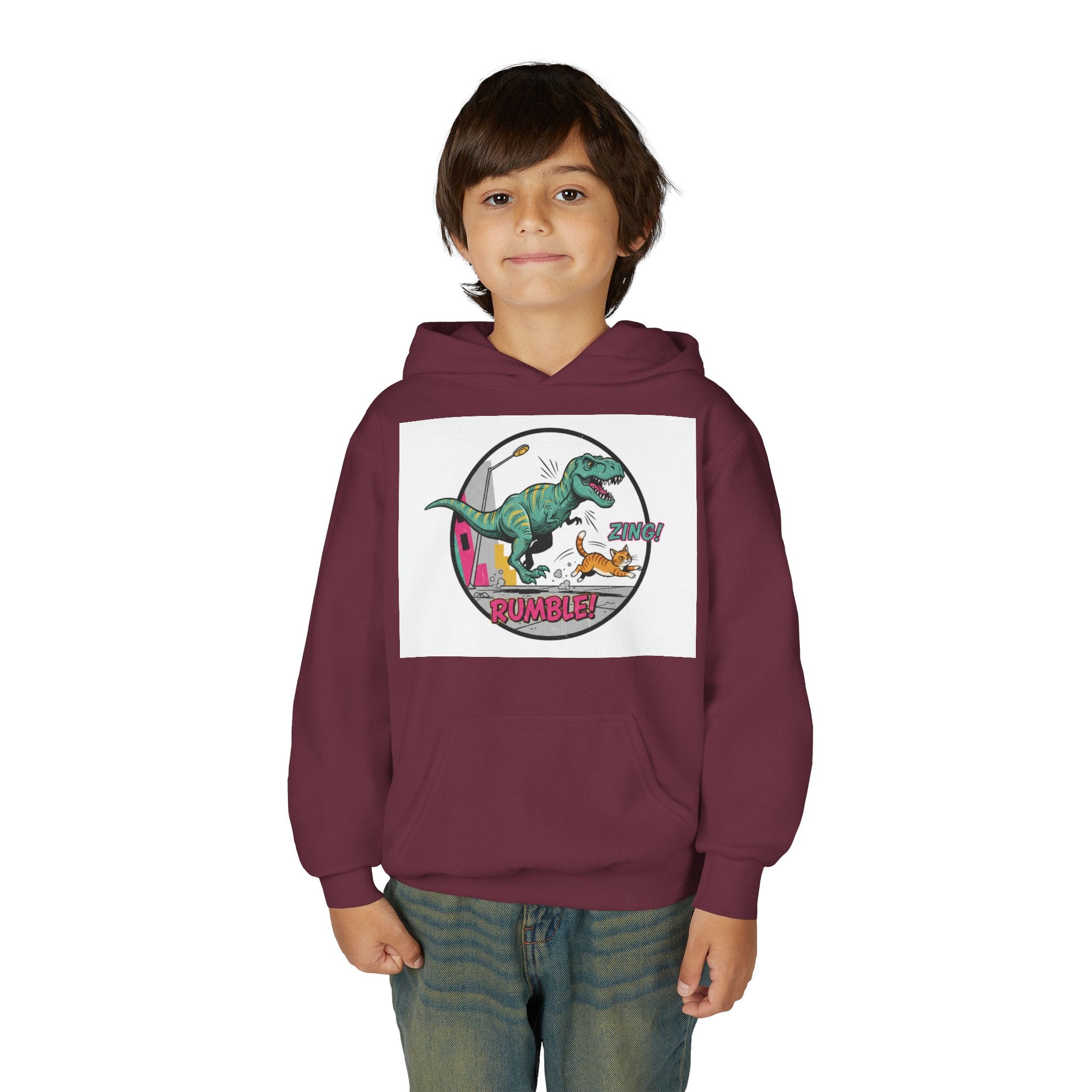 T-Rex Chase Dino Rumble Youth Hoodie | Dinosaur Graphic Sweatshirt