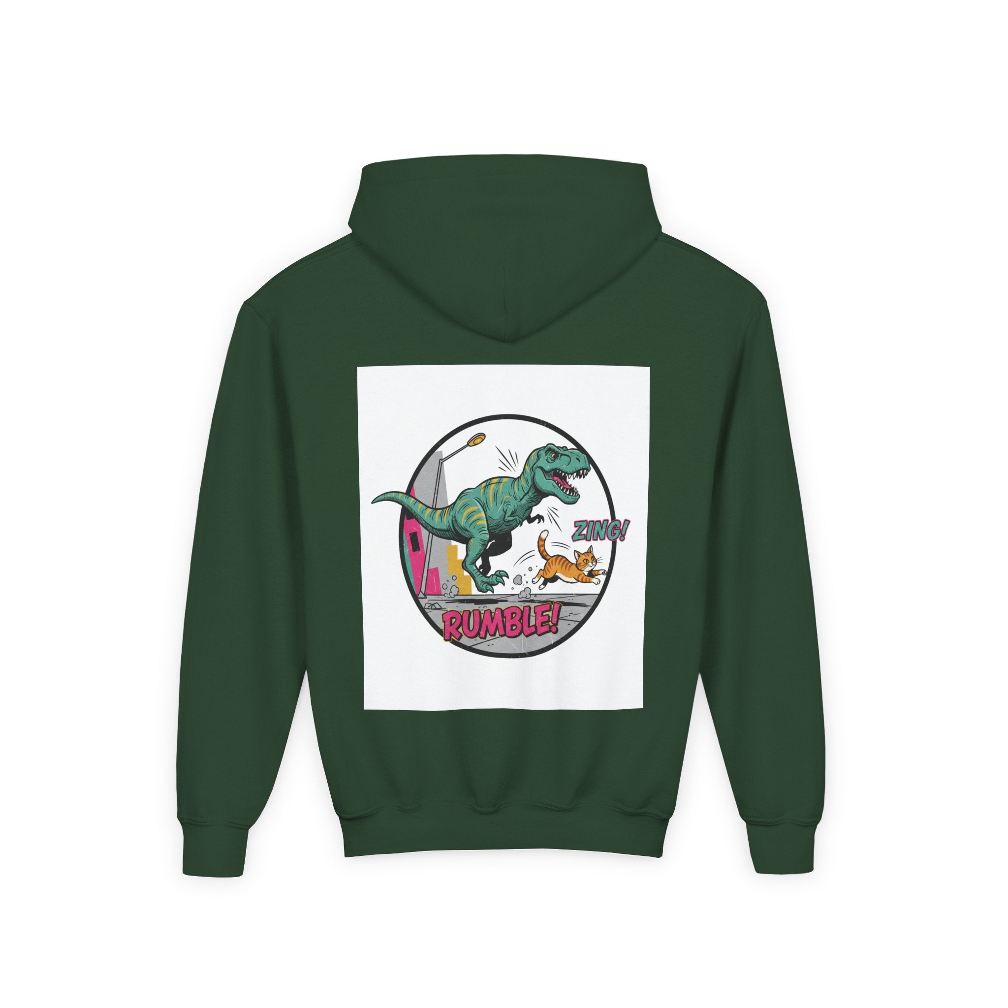 T-Rex Chase Dino Rumble Youth Hoodie | Dinosaur Graphic Sweatshirt