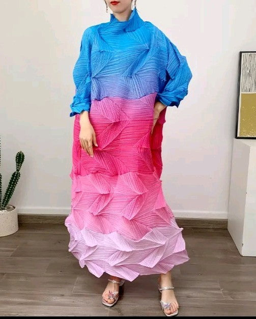 Women's Crinkle Diamond 3 Color Block Long Short Sleeve Dress