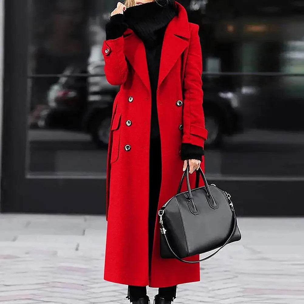 Women's Woollen Double-breasted Mid-calf Long Sleeves Jacket