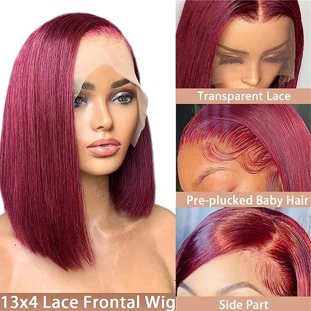 Human Hair Straight Bob Wigs 100% Human Hair 99J Burgundy Color Glueless Bob