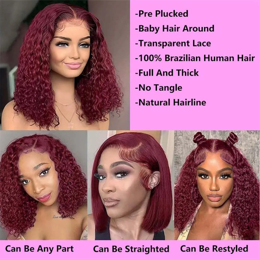 99J Burgundy Bob Deep Wave Lace Front Wigs Human Hair For Women 13x4 HD Lace
