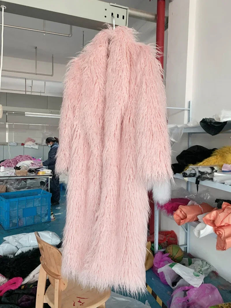 Faux Fur Jacket Women Long Coat Thick Fluffy Winter Warm Shaggy Overcoat Open