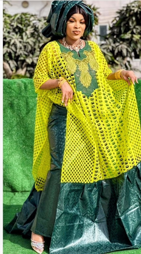 Women's Traditional African Bazin Riche Embroidered Long Dress Plus Size
