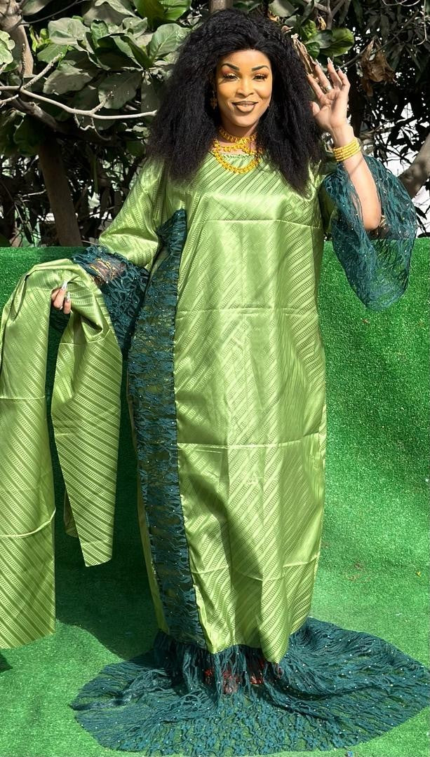 Traditional African Women's Bazin Riche Embroidered Long Dress Plus Size
