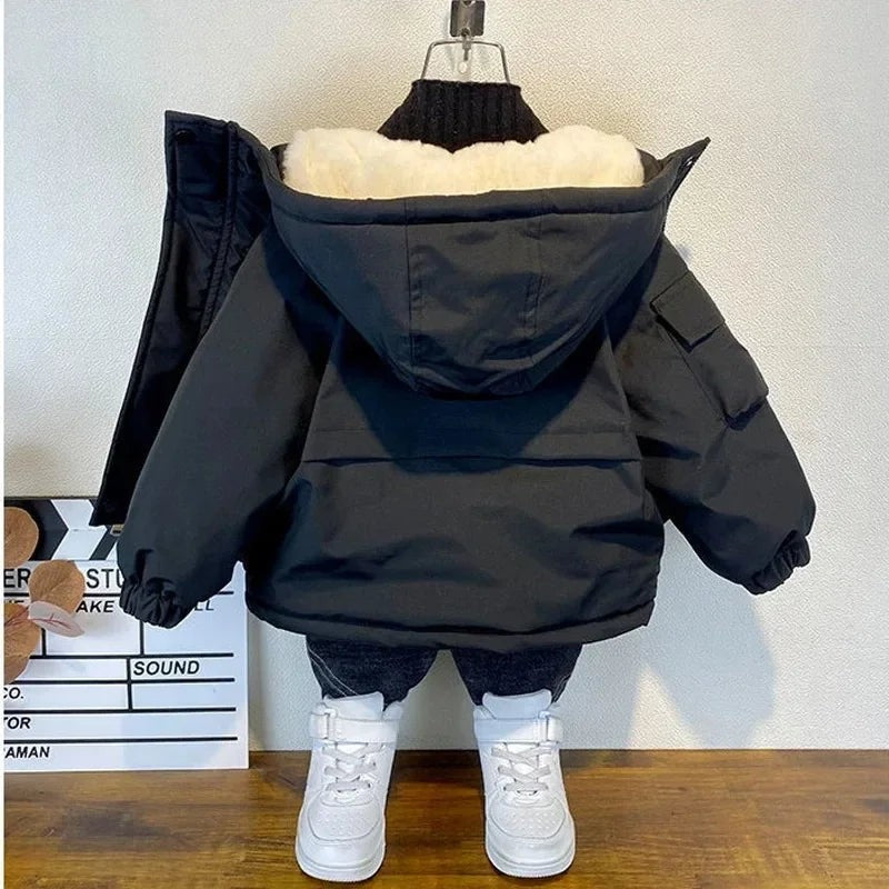 New Winter Down Cotton Jacket Boys Black Hooded Coat Children Outerwear