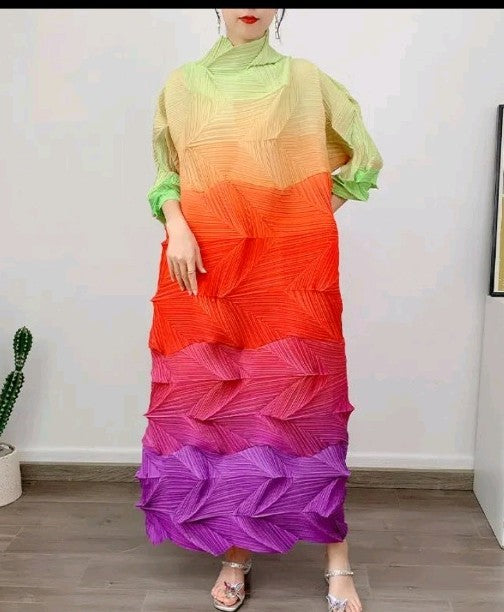 Women's Crinkle Diamond 3 Color Block Long Short Sleeve Dress