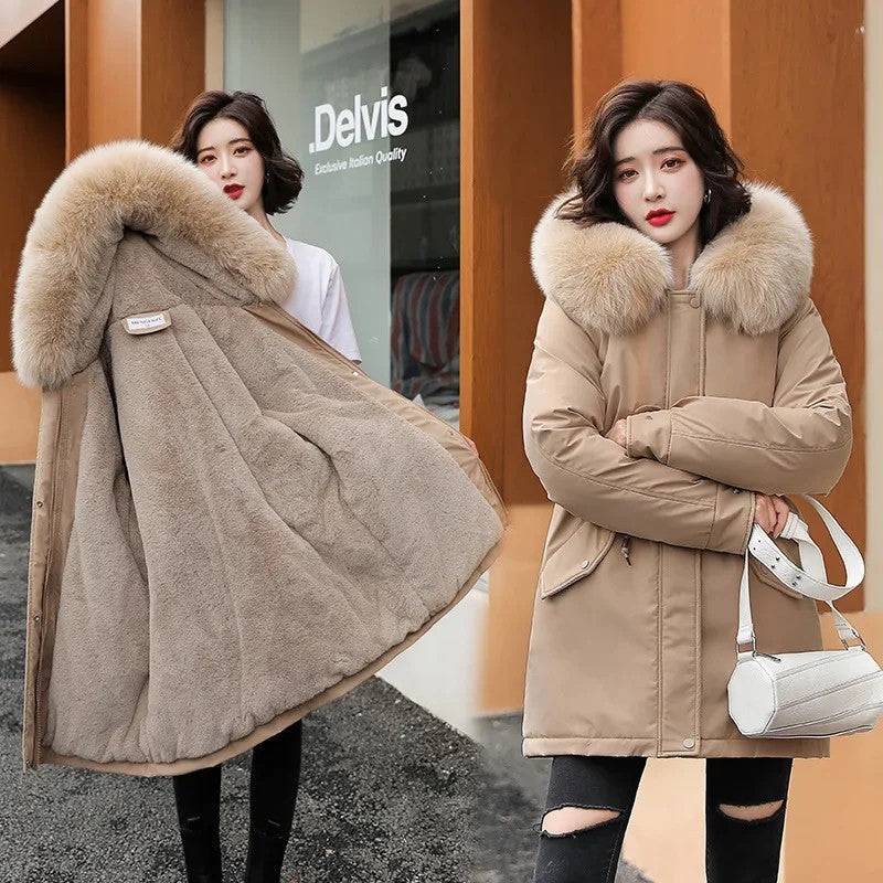 Women's Long Fashionable Hooded Winter Fur Collar Jacket