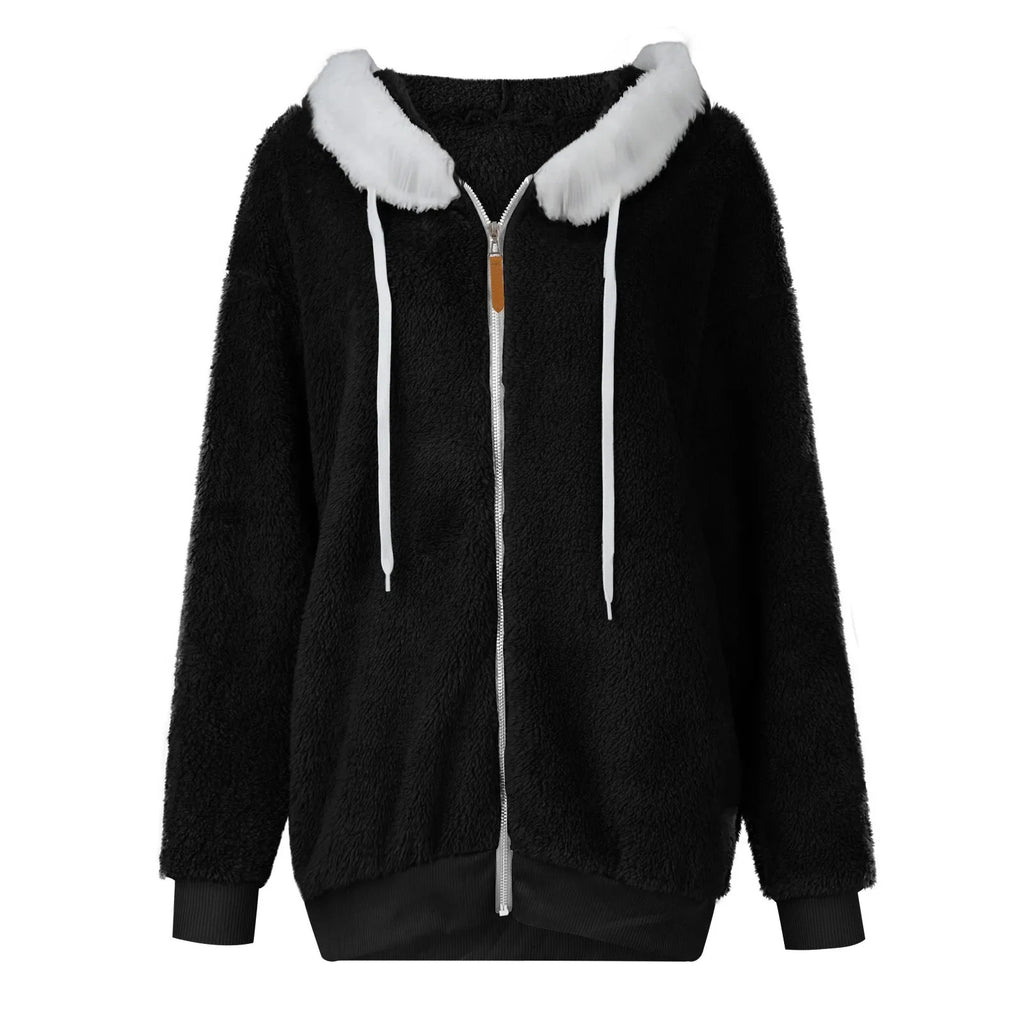 Women's Winter Fashionable Hooded Fleece Solid Color Jacket