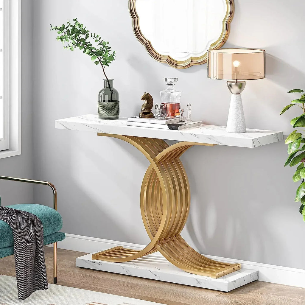 Gold Entryway Table, Modern 39-Inch Console Faux Marble Narrow Wood Sofa with