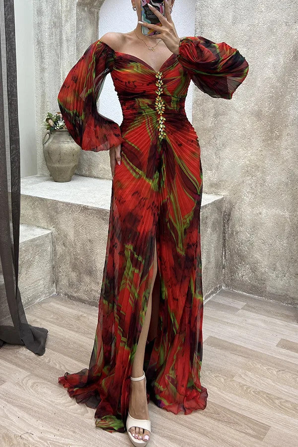 Women Floral Lantern Long Sleeve Dress Elegant Rhinestone Off Shoulder Maxi