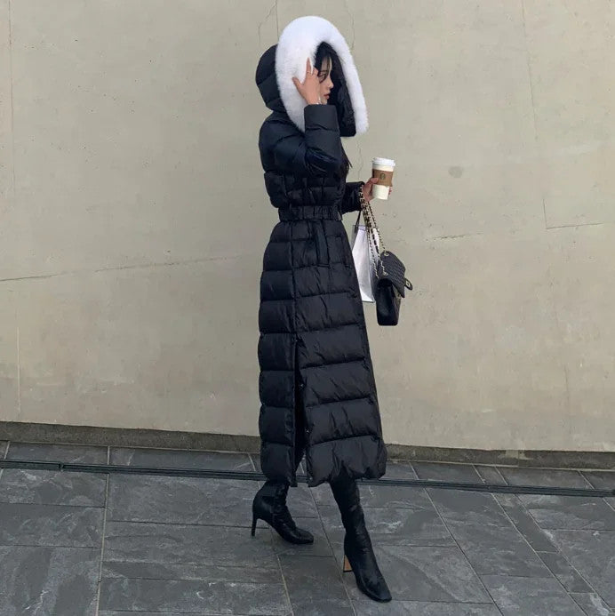 Women's Fashion Long Down Jackets Female Faux Fur Collar Hooded Thick White Duck
