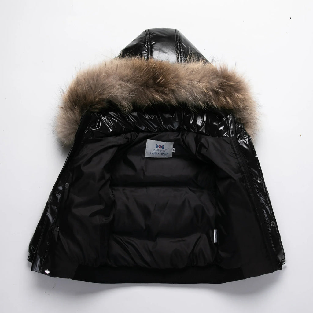 Kids Winter Down Jacket Real Faux Fur Waterproof Shiny Thick Warm Outerwear