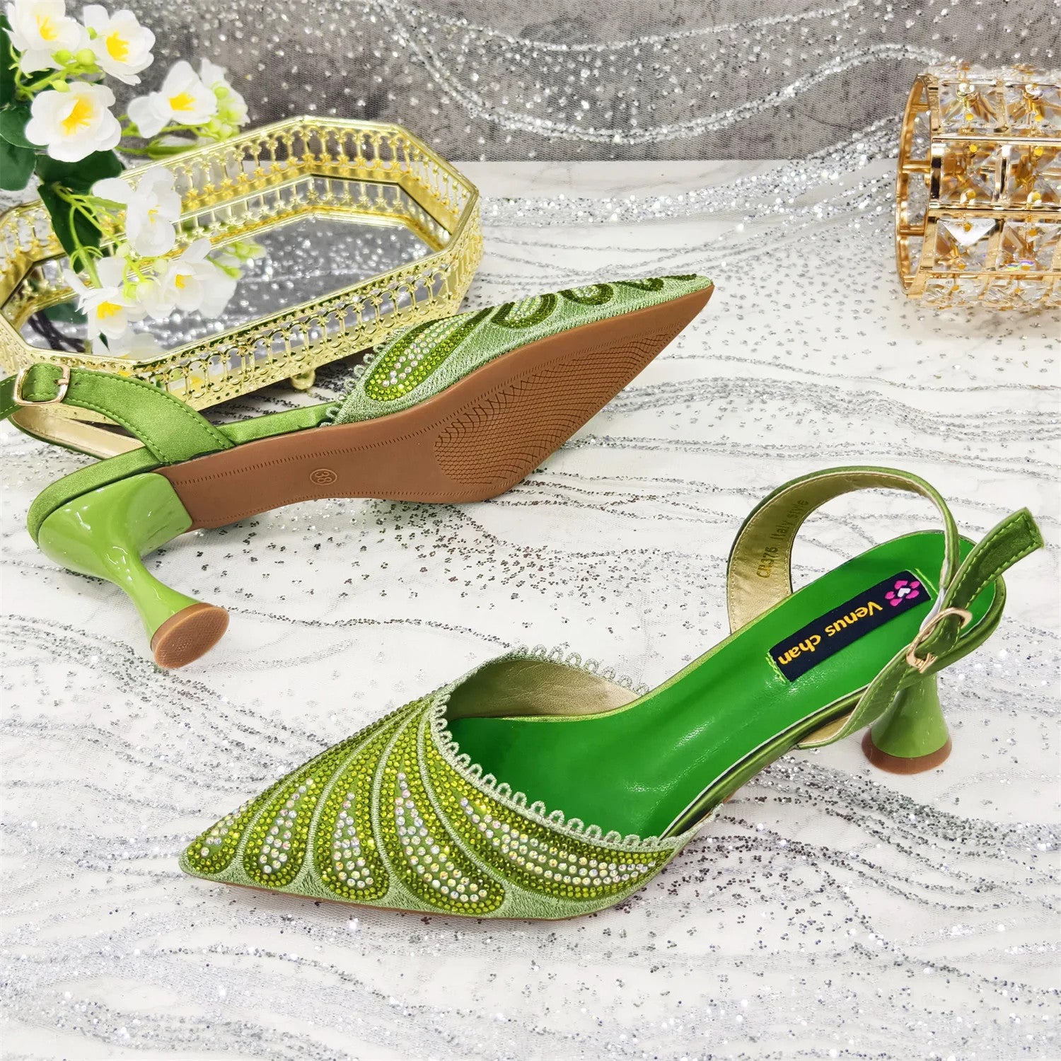 Women's Italian Diamond Studded Shoes and Bag Matching Set