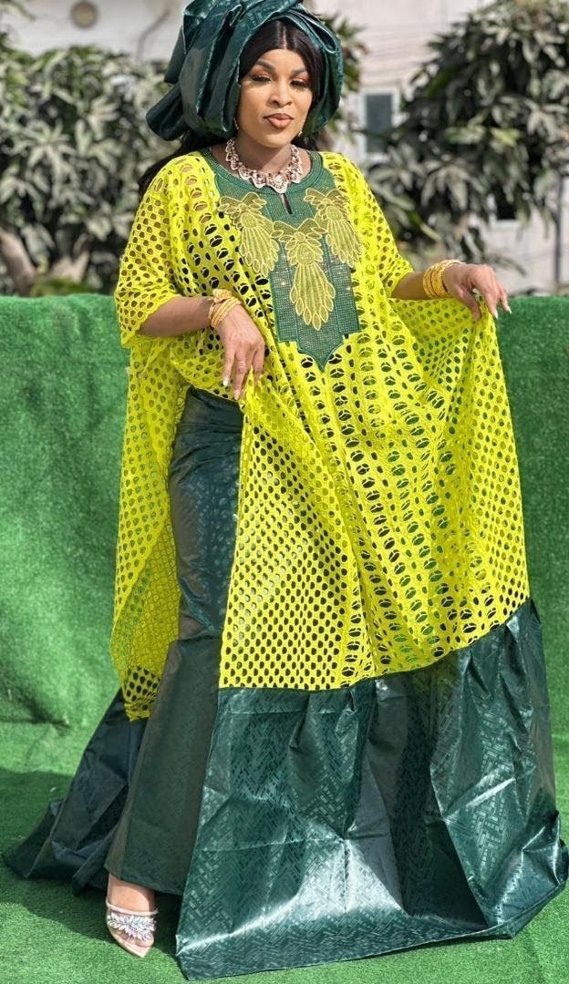 Women's Traditional African Bazin Riche Embroidered Long Dress Plus Size