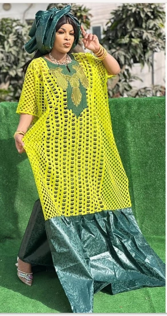 Women's Traditional African Bazin Riche Embroidered Long Dress Plus Size
