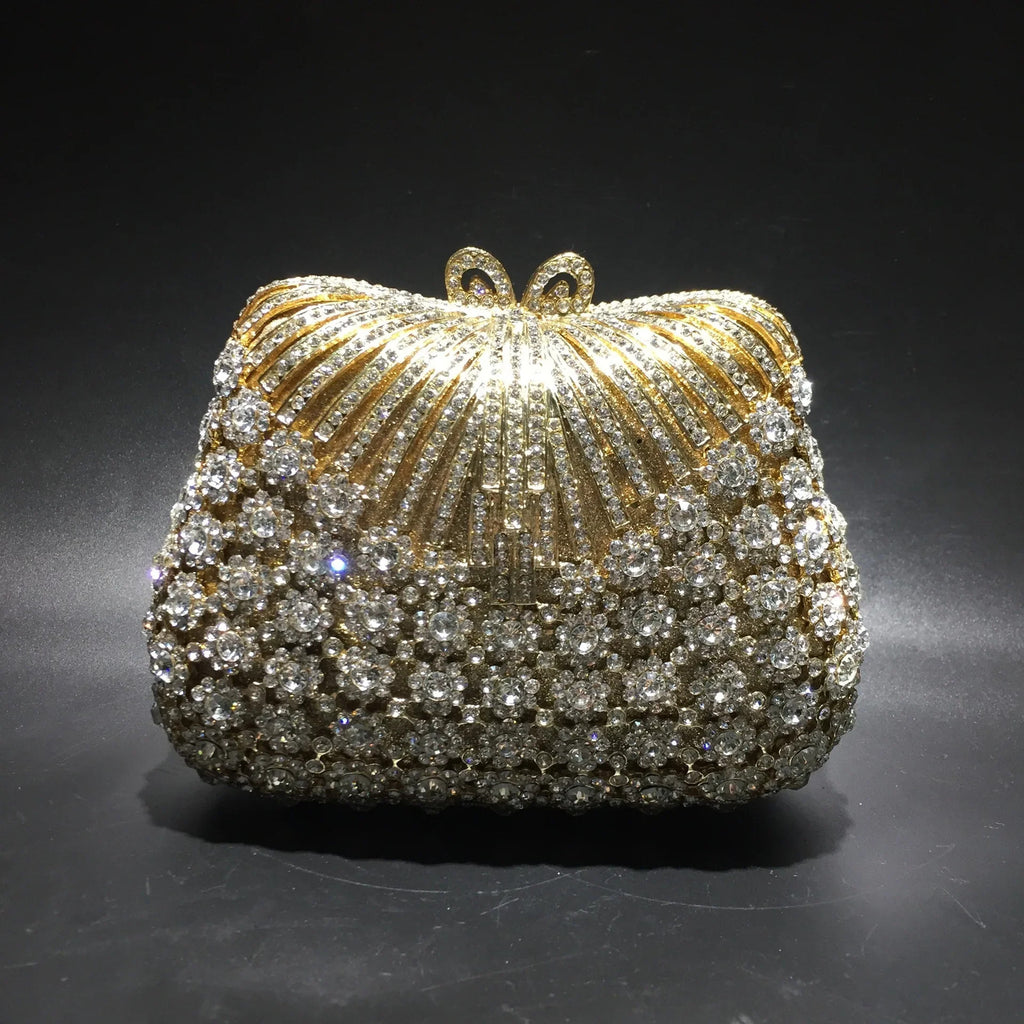 Women Gold Color Flower Rhinestones Clutch Bags Crystal Evening Purse Stones