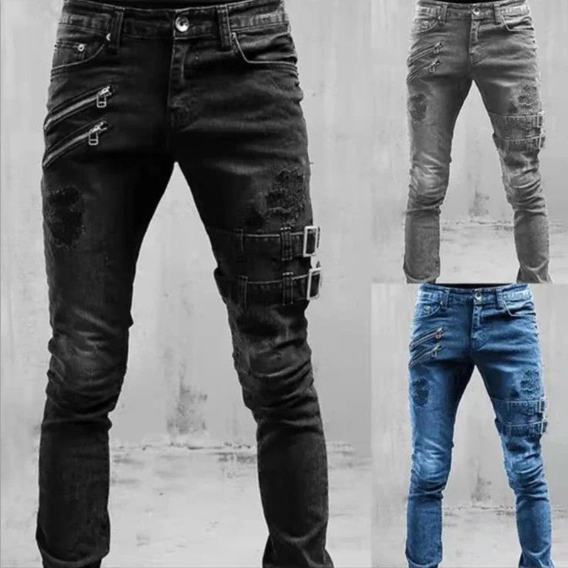 2025 New Street Skinny Ripped Jeans Men Denim Pencil Pants Wash Casual Mid
