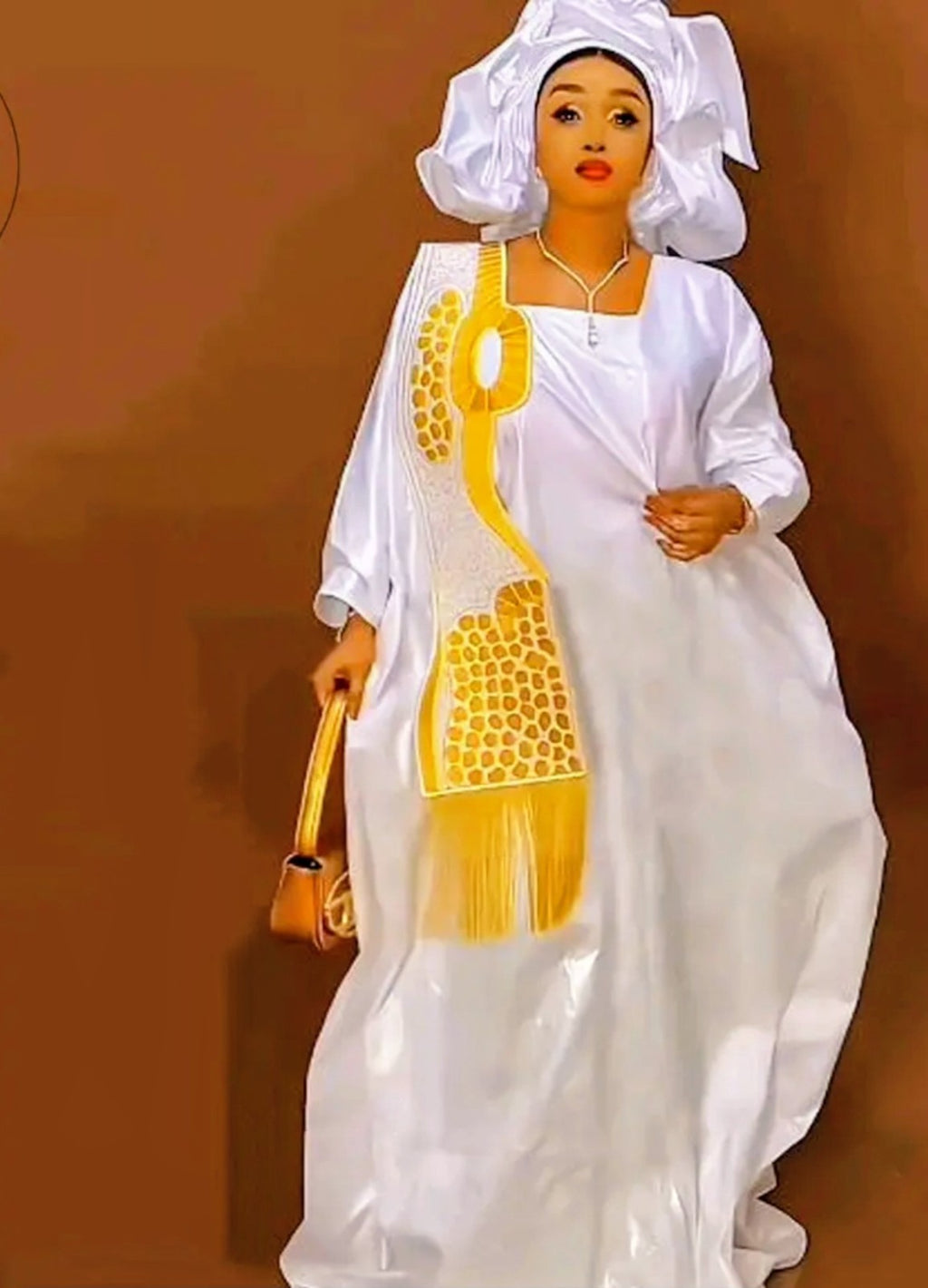 Women Tradional African Rich Basin Boubou For Wedding Party With Scarf