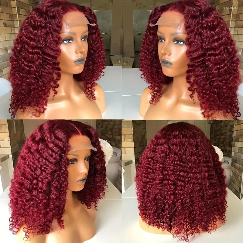 Burgundy 99J Deep Wave Short Bob Wigs 100% Human Hair Wig Water Curly Wig Baby