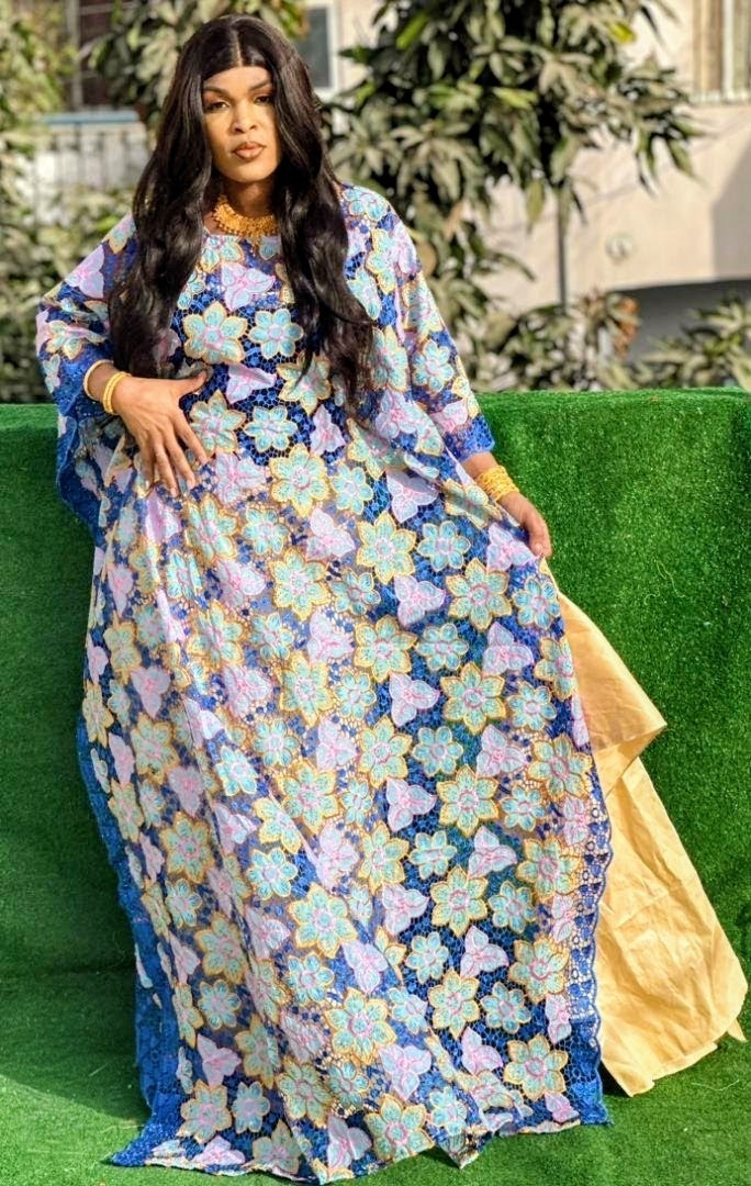 Traditional African Women's Bazin Riche Embroidered Long Dress Plus Size