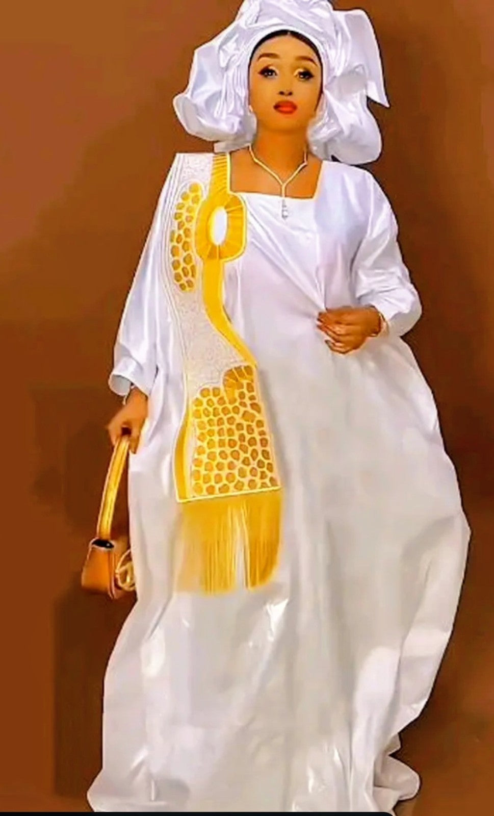 Women Tradional African Rich Basin Boubou For Wedding Party With Scarf