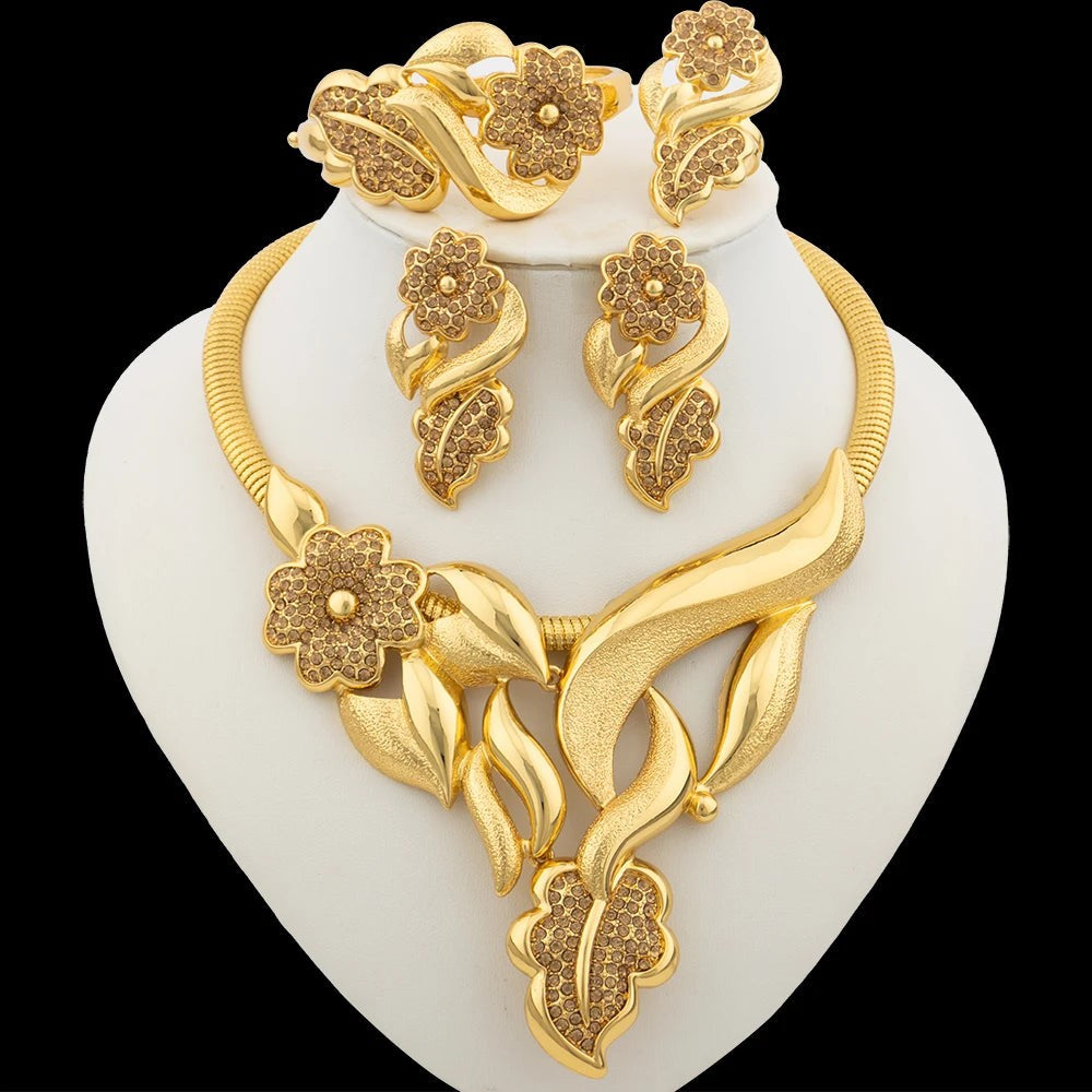 Luxury Flower Design Jewelry Set for Women, Gold Color Big Pendant Necklace and