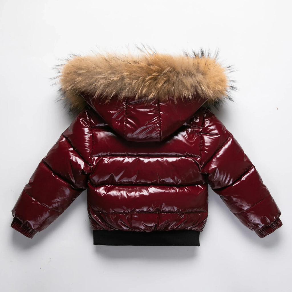 Kids Winter Down Jacket Real Faux Fur Waterproof Shiny Thick Warm Outerwear