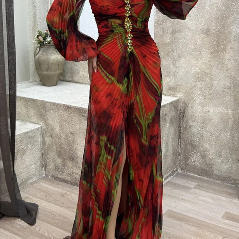 Women Floral Lantern Long Sleeve Dress Elegant Rhinestone Off Shoulder Maxi