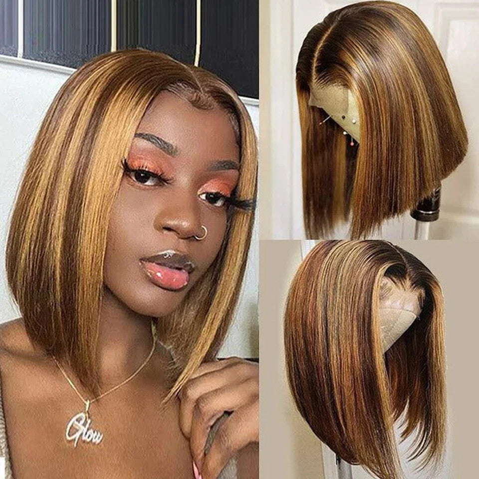 Ombre Blond Wig Brazilian Remy Hair Short Bob Human Hair Wigs Highlight P4/27