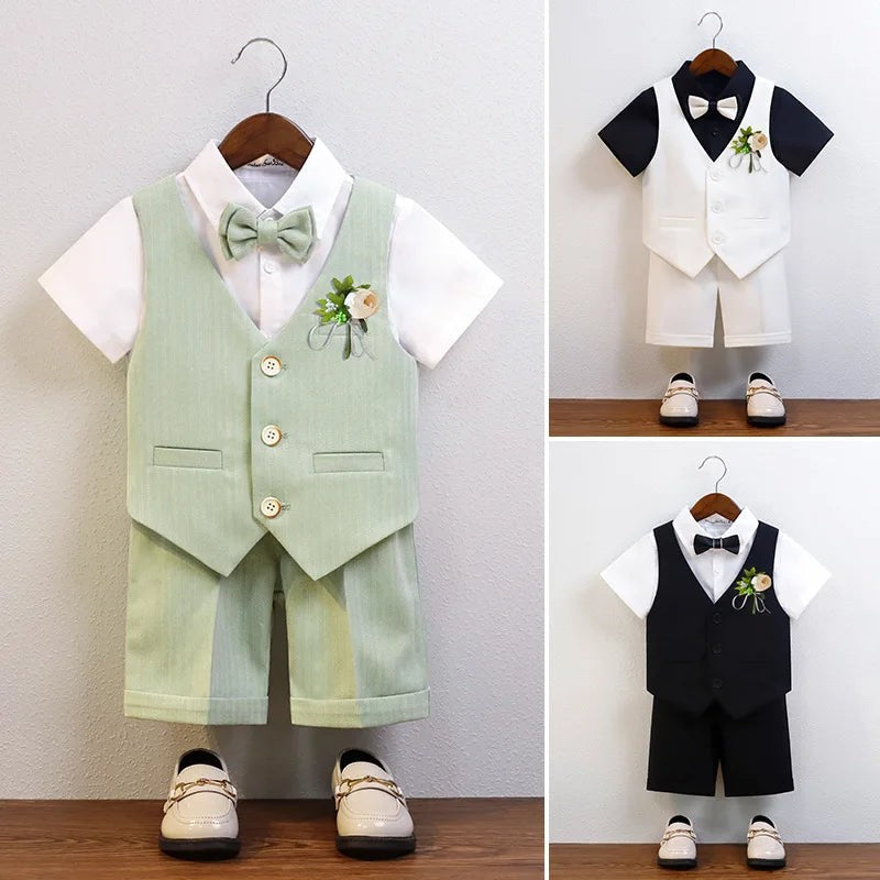 Children Green White Baptism Photography Suit Kids Vest Shirt Shorts Bowtie