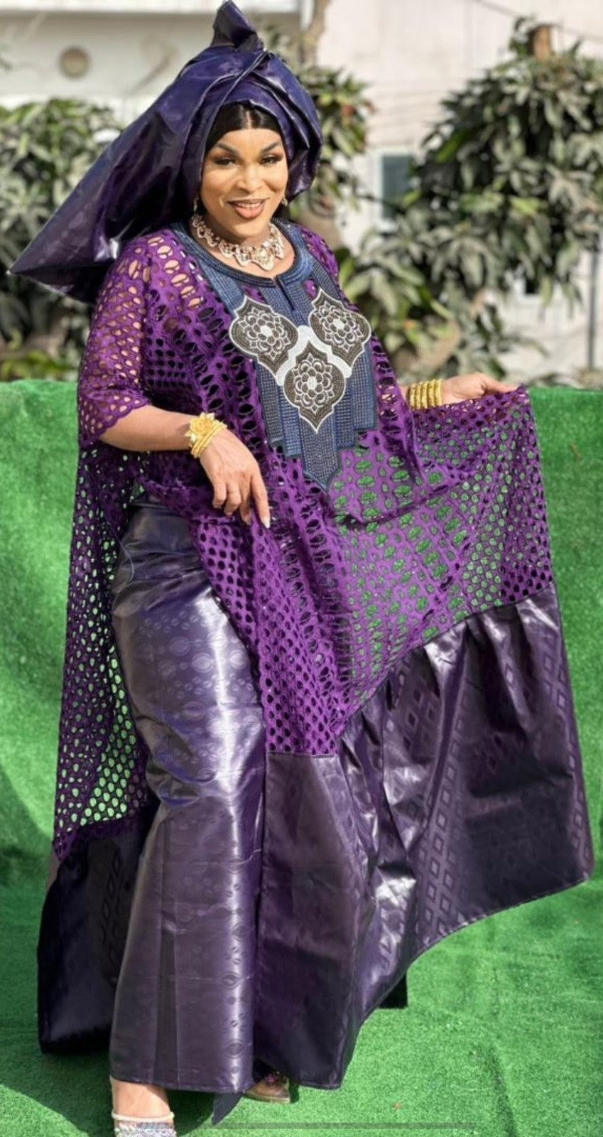 Women's Traditional African Bazin Riche Embroidered Long Dress Plus Size
