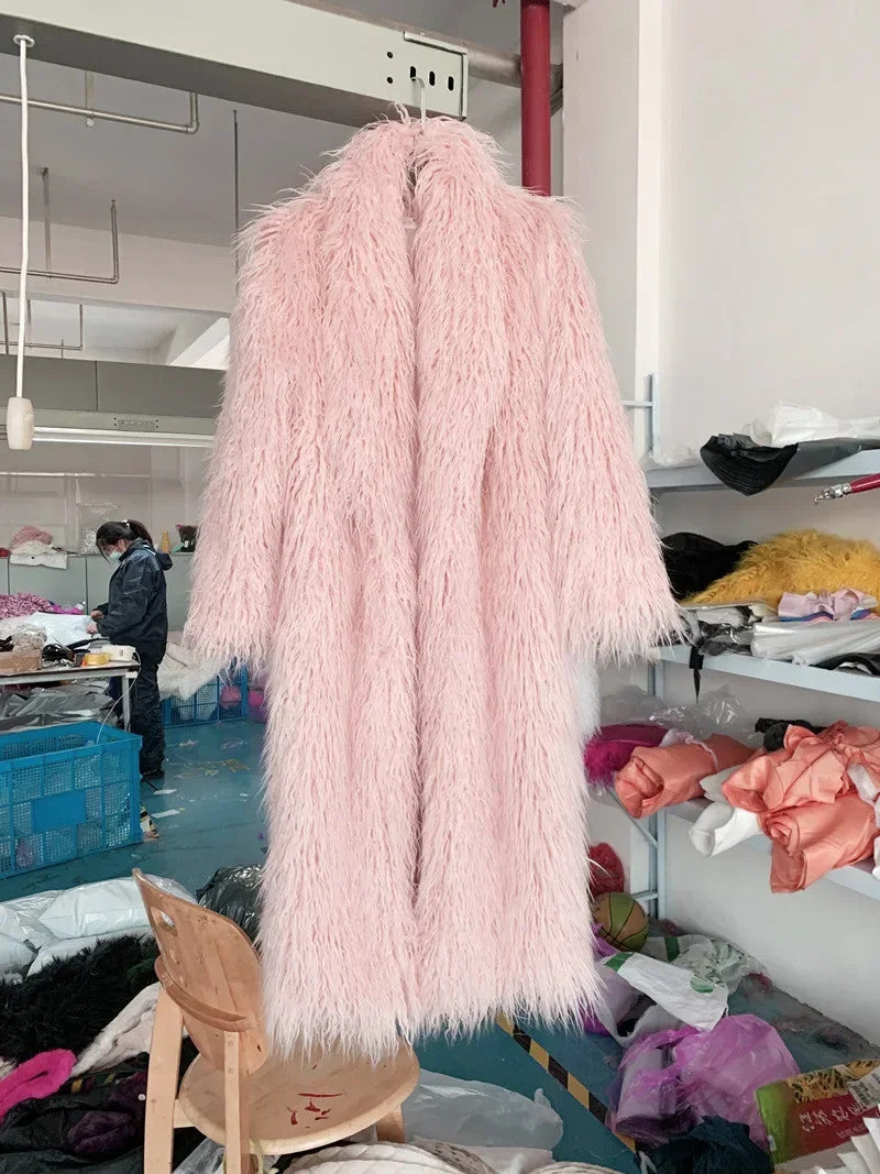 Faux Fur Jacket Women Long Coat Thick Fluffy Winter Warm Shaggy Overcoat Open