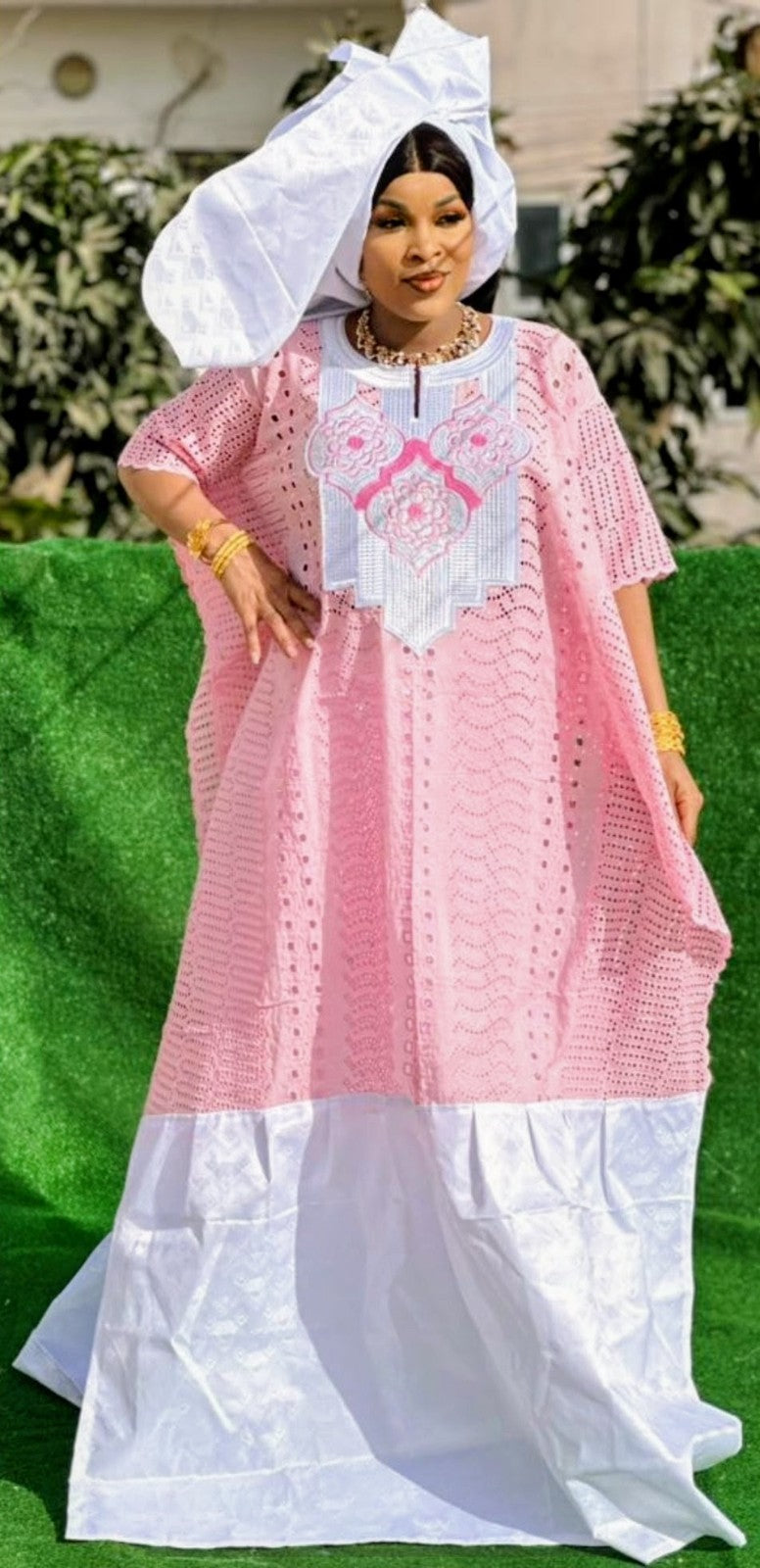 Women's Traditional African Bazin Riche Embroidered Long Dress Plus Size