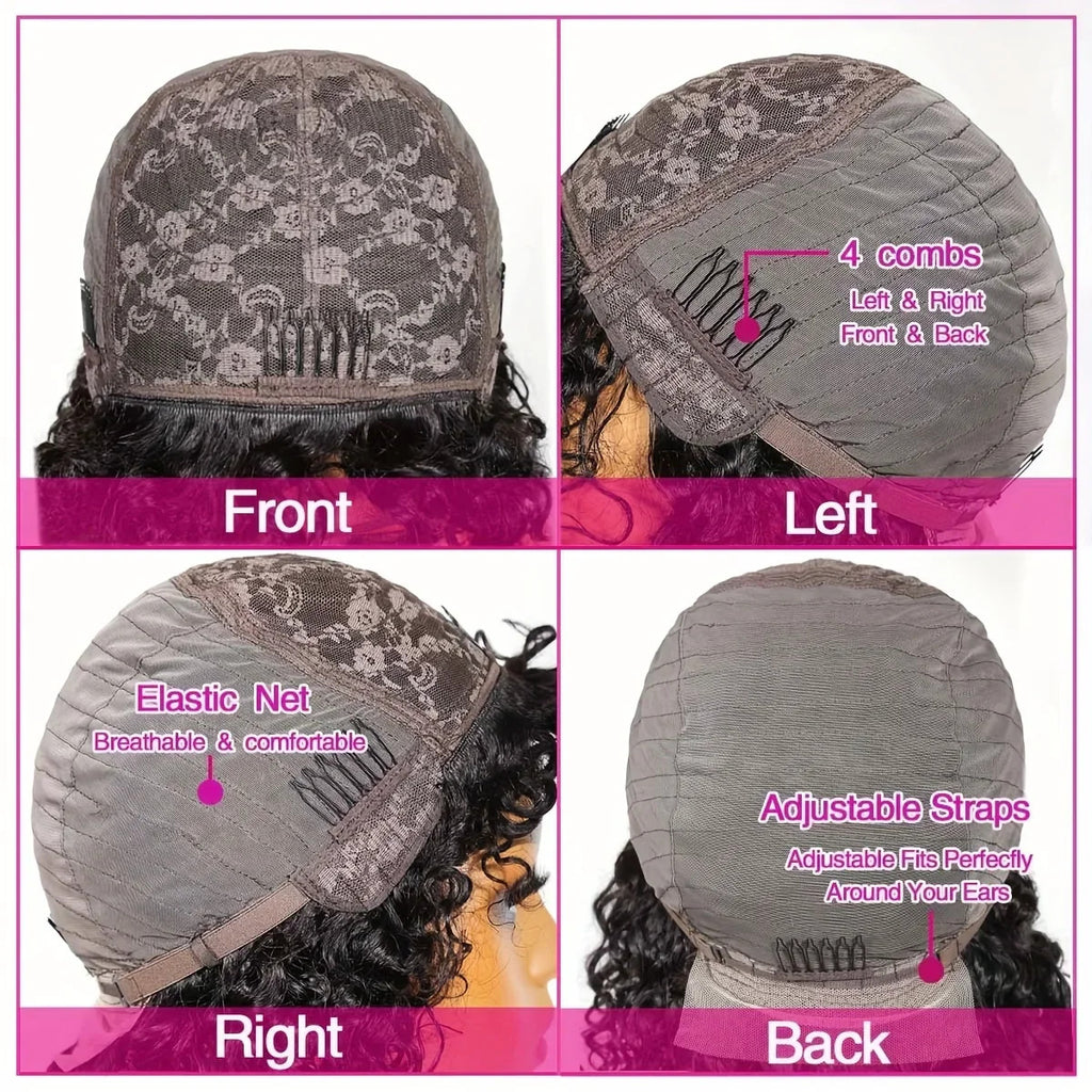 Wear and Go Glue less Wig Water Wave Human Hair Wigs with Bangs for Black Women