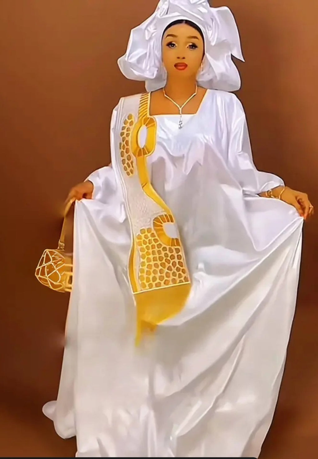Women Tradional African Rich Basin Boubou For Wedding Party With Scarf