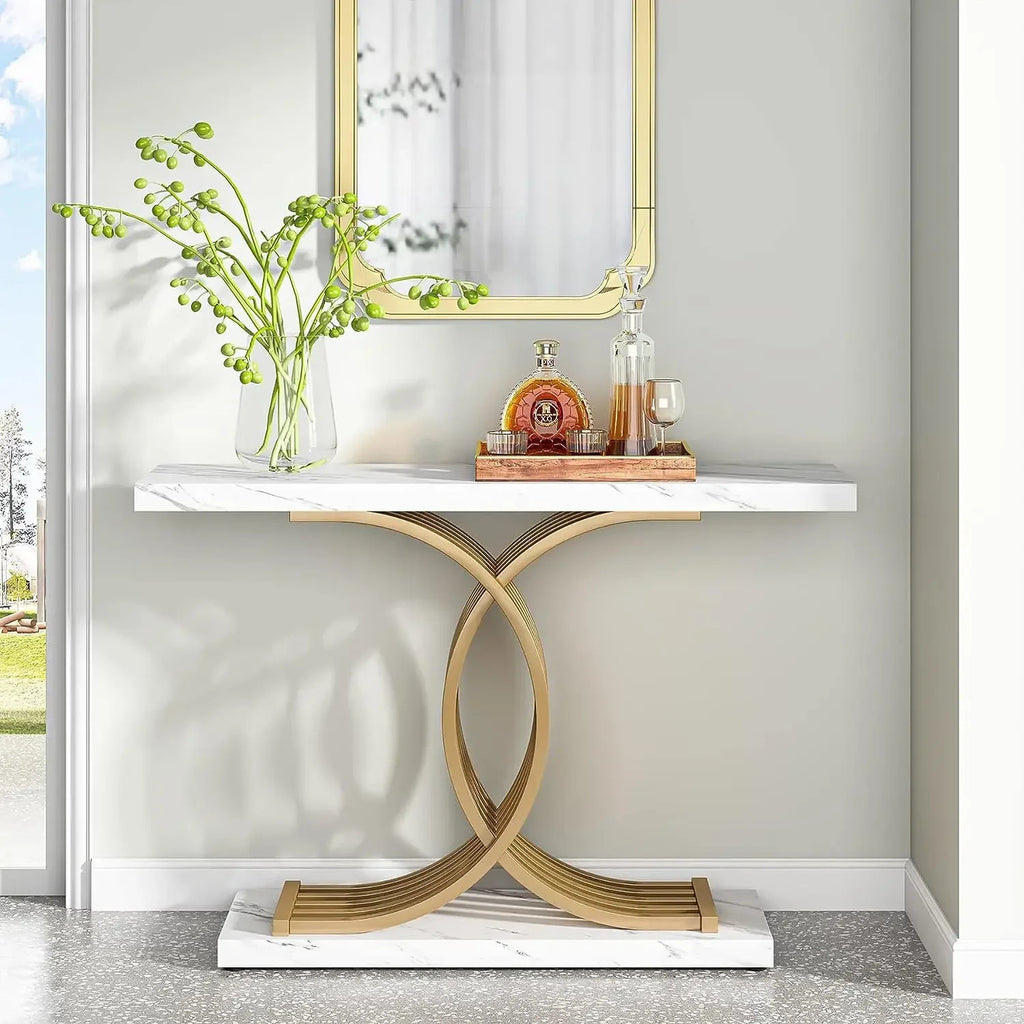 Gold Entryway Table, Modern 39-Inch Console Faux Marble Narrow Wood Sofa with