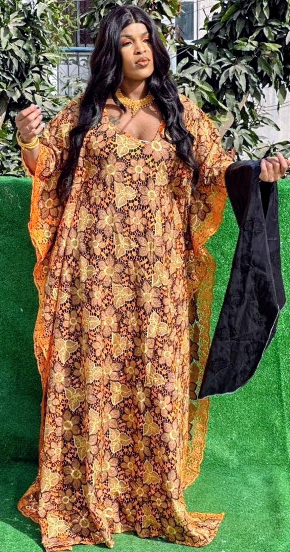 Traditional African Women's Bazin Riche Embroidered Long Dress Plus Size