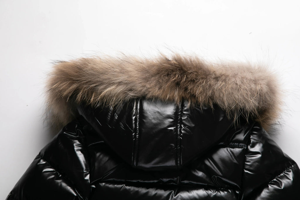 Kids Winter Down Jacket Real Faux Fur Waterproof Shiny Thick Warm Outerwear
