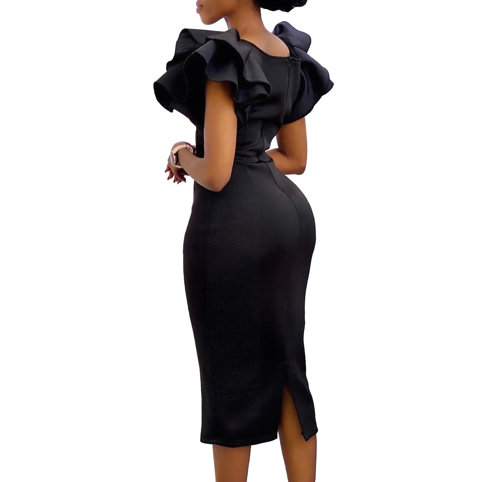 CM.YAYA Women Ruffles Short Sleeve Square Collar Knee Length Dress Street
