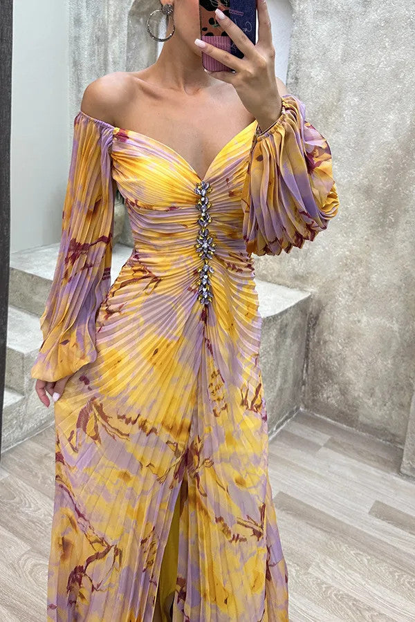 Women Floral Lantern Long Sleeve Dress Elegant Rhinestone Off Shoulder Maxi