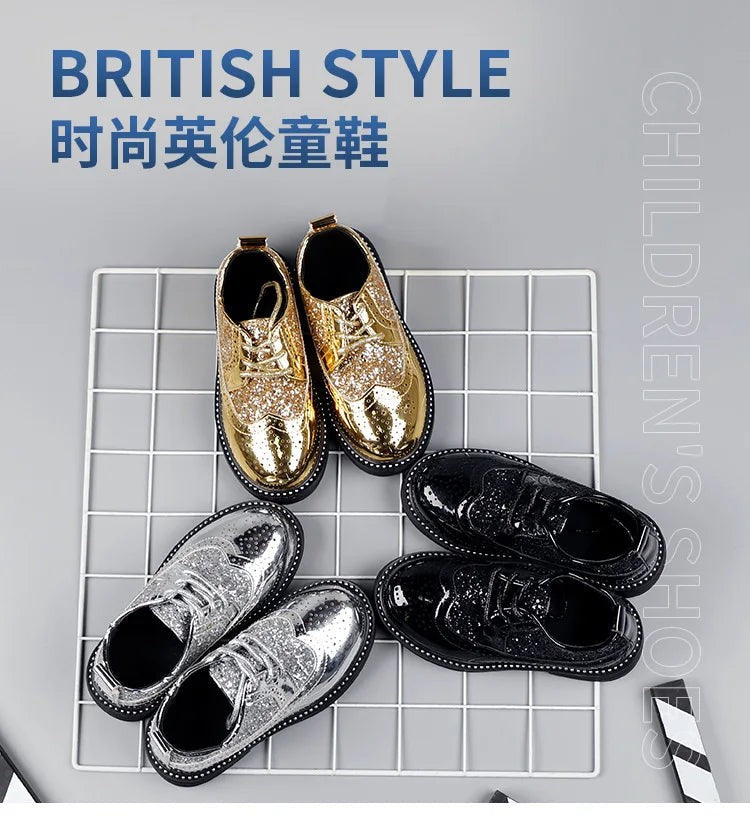 Boys Hollow Out silver Shoes Leather for Kids Party Wedding Dance Shoe Dress