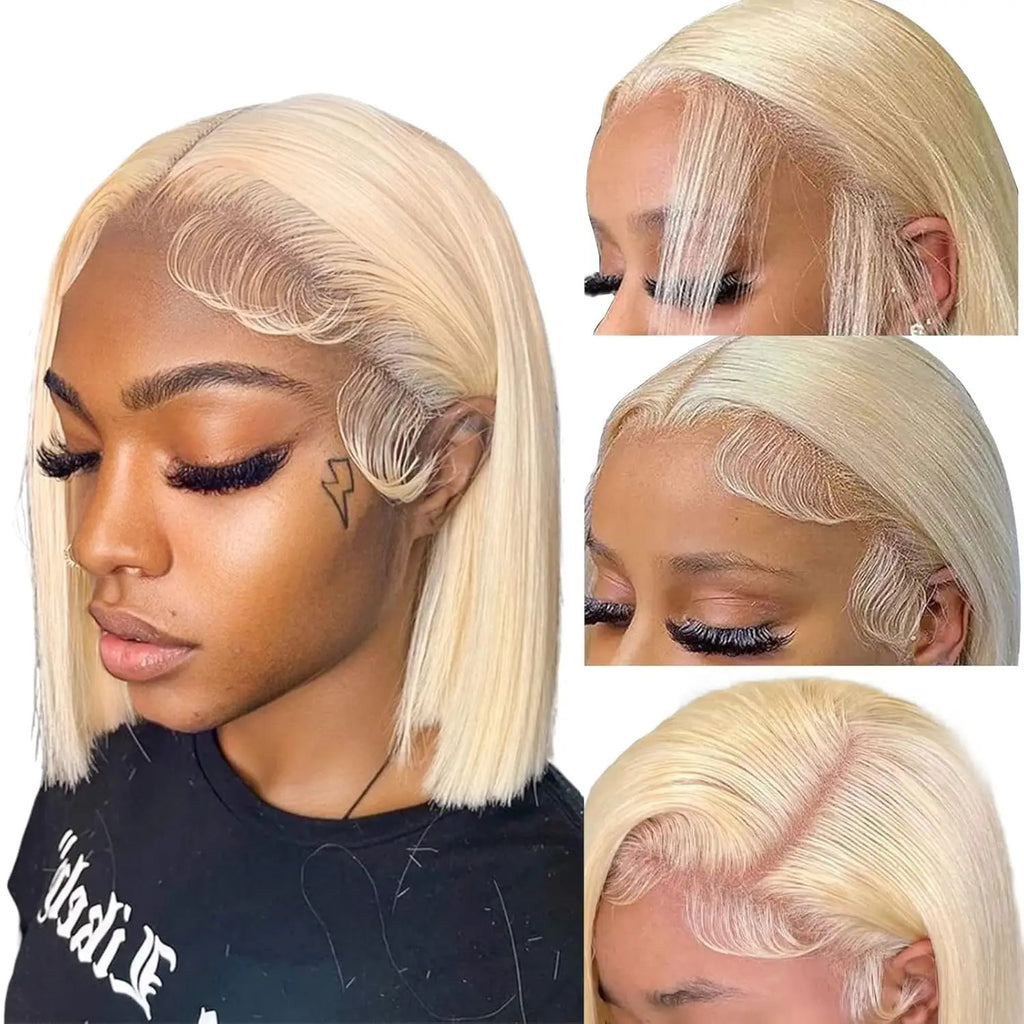 613 Blonde Short Bob Wig Transparent Lace Front Human Hair Wigs Straight 13X4