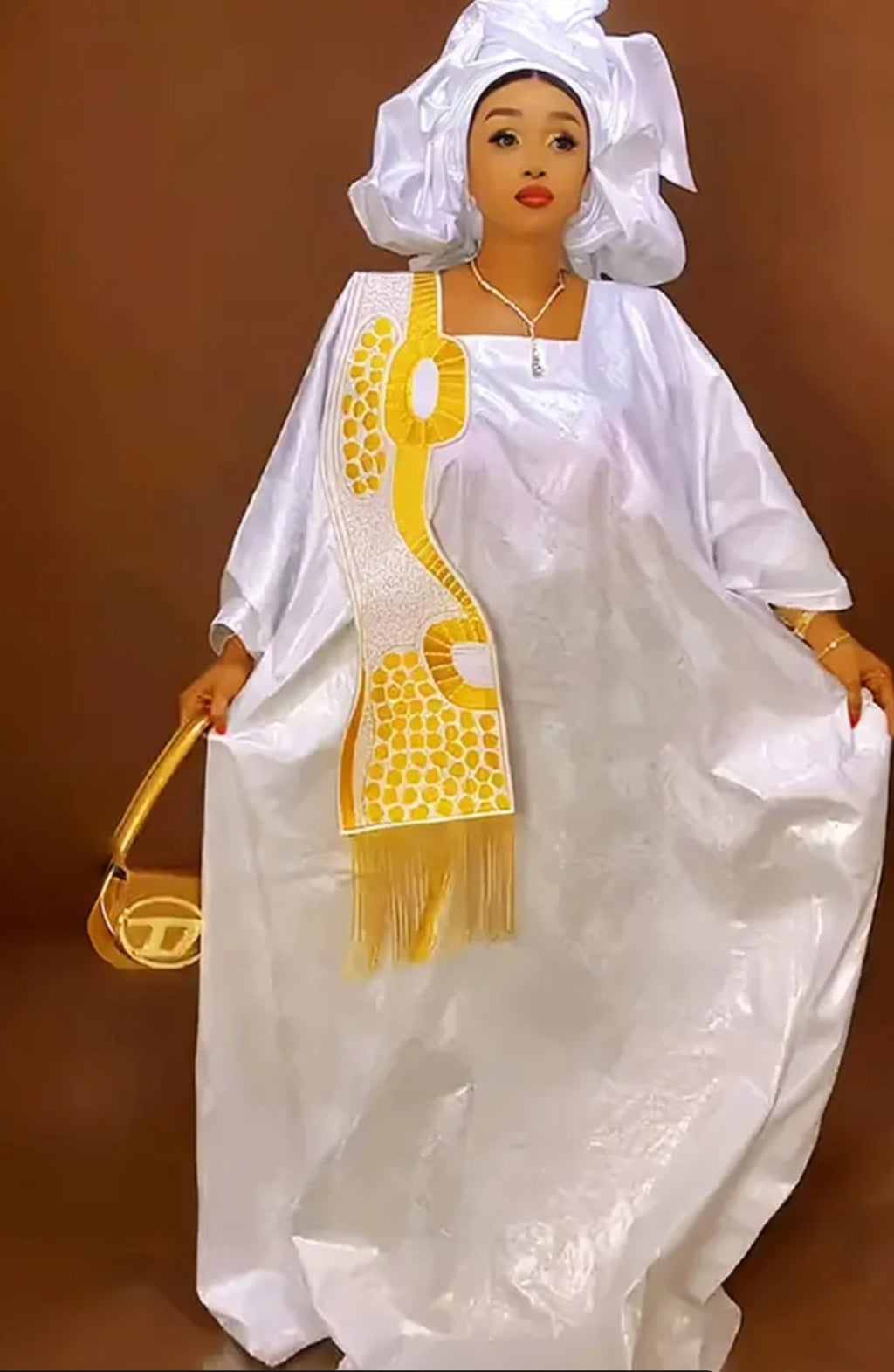 Women Tradional African Rich Basin Boubou For Wedding Party With Scarf