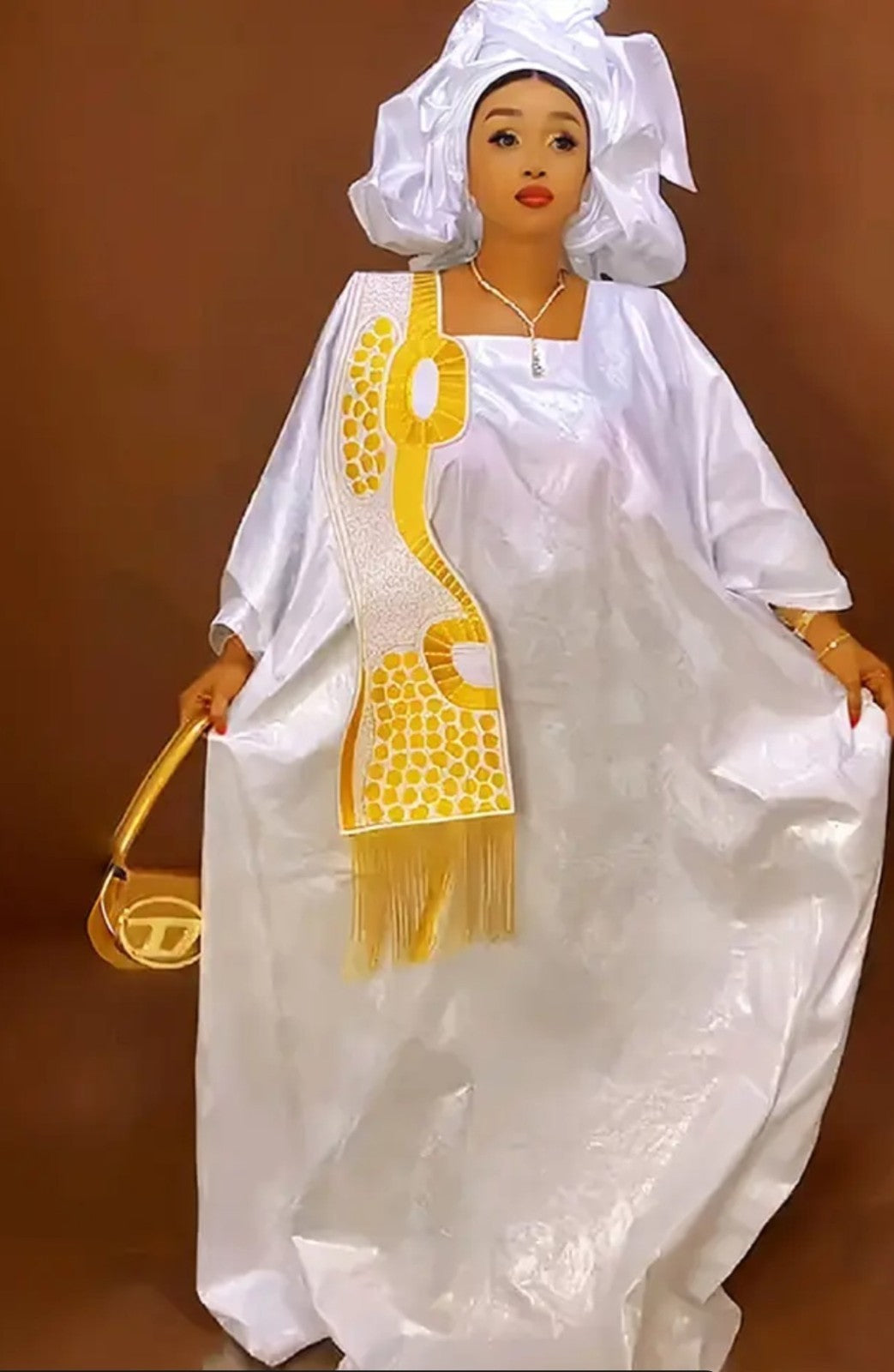 Women Tradional African Rich Basin Boubou For Wedding Party With Scarf