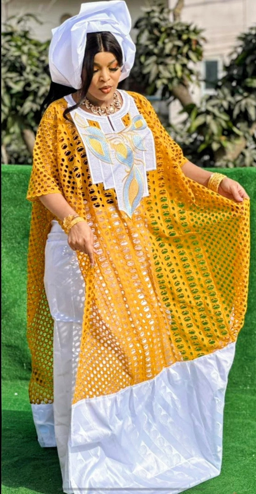 Women's Traditional African Bazin Riche Embroidered Long Dress Plus Size