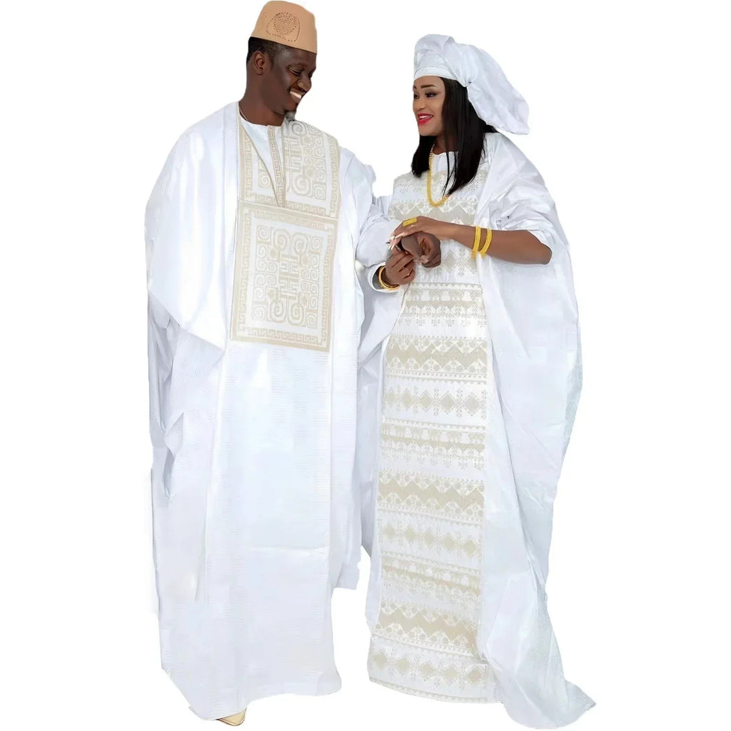 African Dresses For Couples Traditional Bazin Embroidery Dresses Floor Length