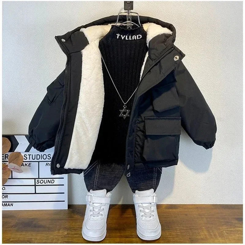 New Winter Down Cotton Jacket Boys Black Hooded Coat Children Outerwear