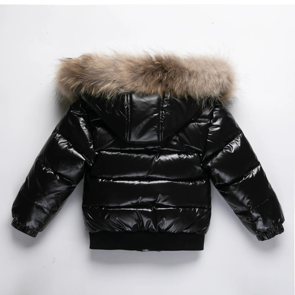 Kids Winter Down Jacket Real Faux Fur Waterproof Shiny Thick Warm Outerwear